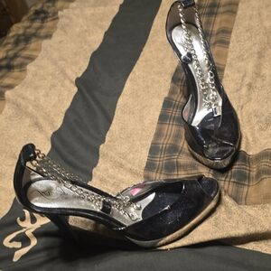 Baby Phat Black Open-Toe Stiletto Heels with Silver Chain Worn Once Like New